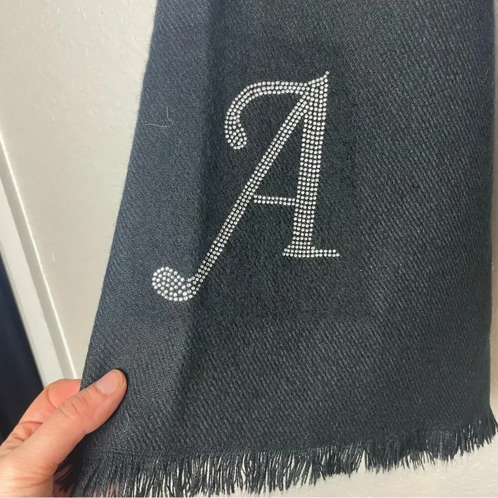Thick Black Scarf with Silver Rhinestone “A”